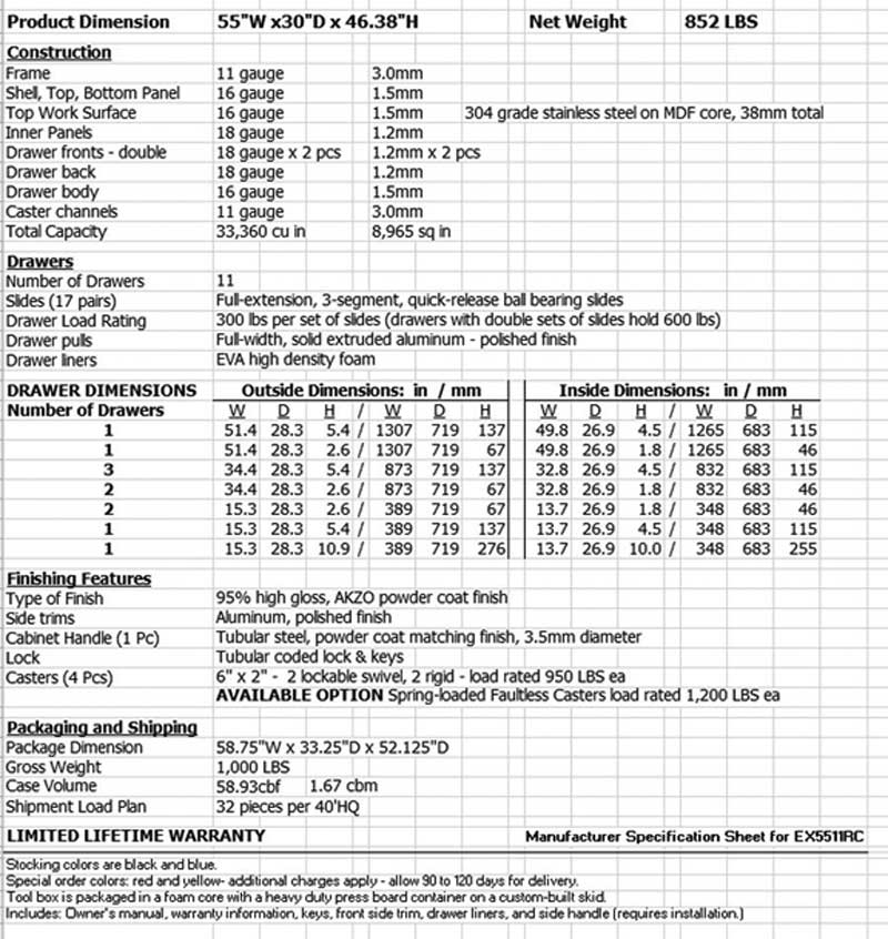 EX5511RC Rolling Tool Cabinet Specs